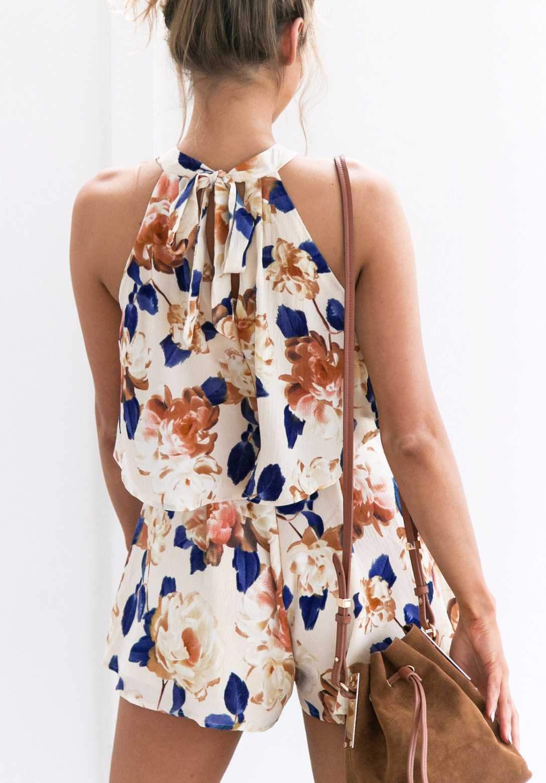 Tie Back Halter Top Floral Prints Two Piece Romper Jumpsuits on sale - SOUISEE