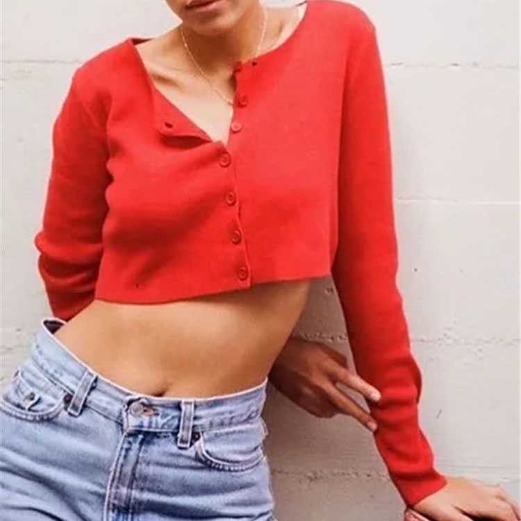 Long Sleeve Button Down Crop Top Knit Shirt For 90s on sale - SOUISEE