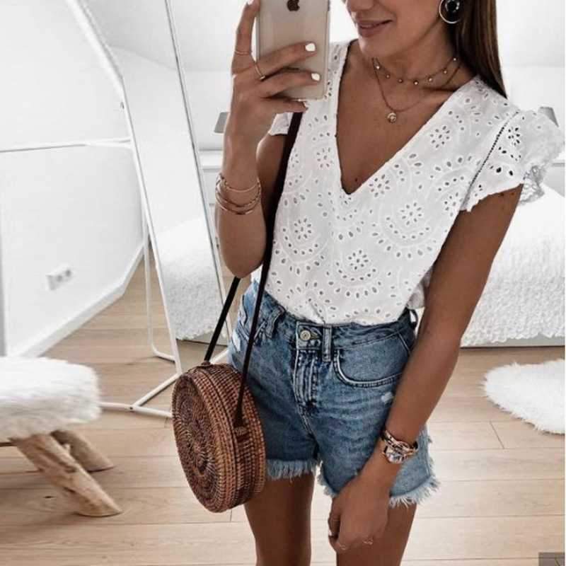 Boho Ruffle Puff Sleeve V Neck White Eyelet Blouse on sale - SOUISEE