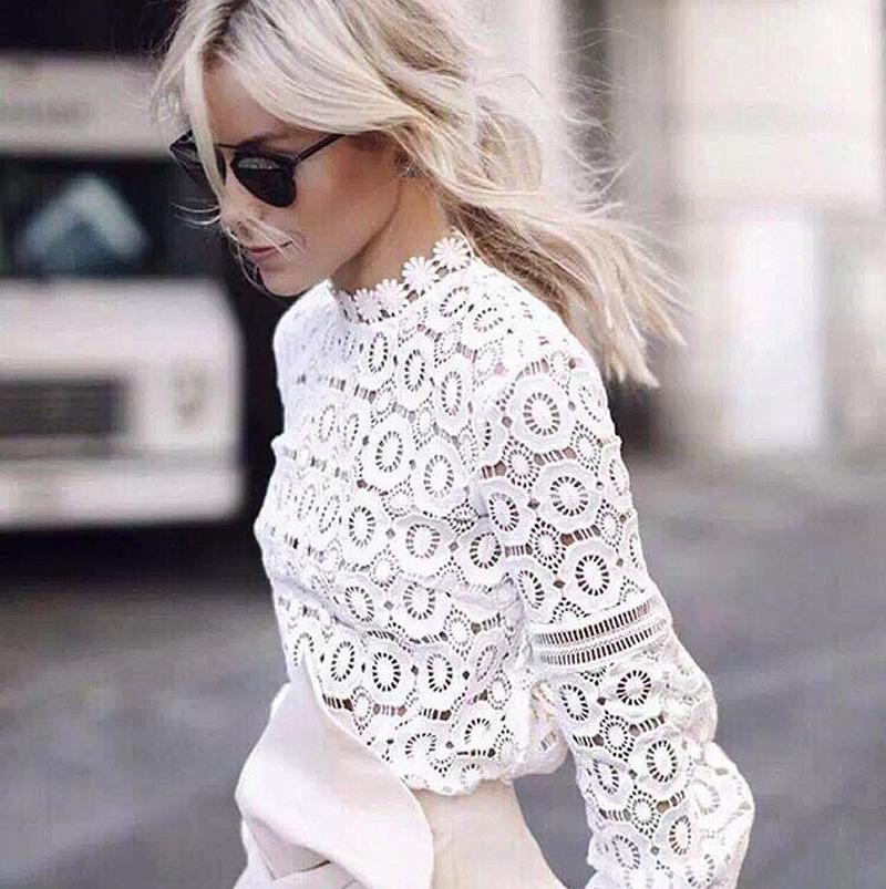 Sheer Mesh White Crochet Eyelet Lace Crewneck Shirt For Work on sale - SOUISEE