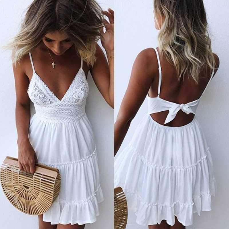 Tie Back Knot Lace Tiered Layered Ruffle Mini Dress on sale - SOUISEE