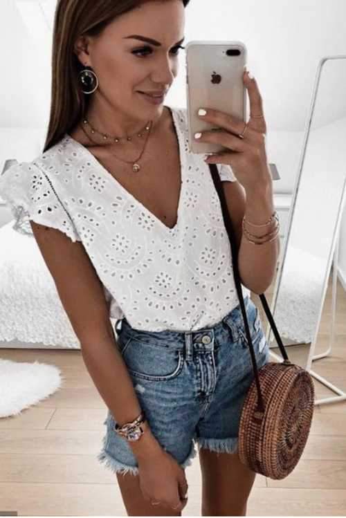 Boho Ruffle Puff Sleeve V Neck White Eyelet Blouse on sale - SOUISEE