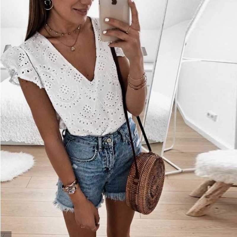 Boho Ruffle Puff Sleeve V Neck White Eyelet Blouse on sale - SOUISEE