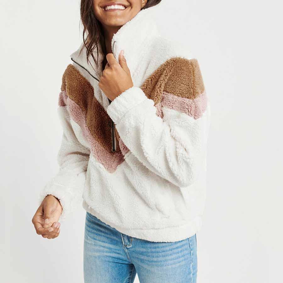 Cozy Colorblock Chevron Half Zip Sherpa Pullover Faux Fur Sweatshirt Jacket on sale - SOUISEE