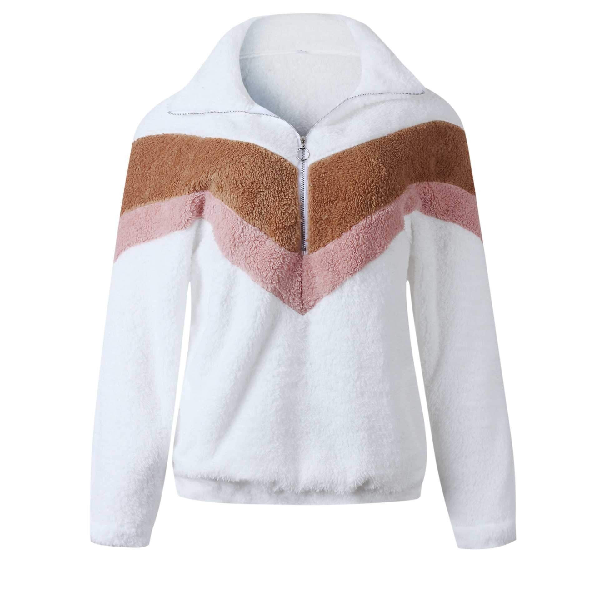 Cozy Colorblock Chevron Half Zip Sherpa Pullover Faux Fur Sweatshirt Jacket on sale - SOUISEE