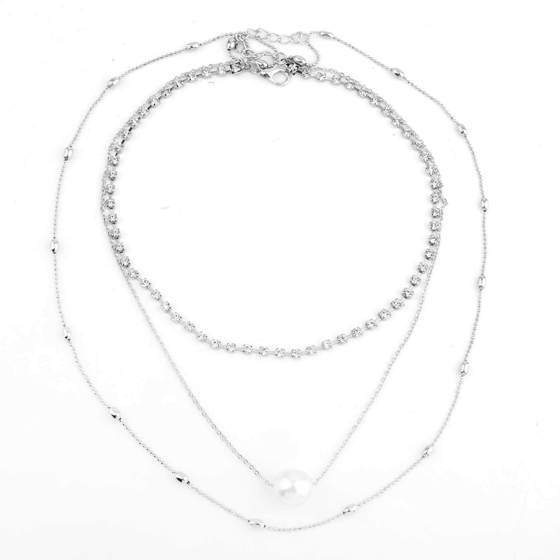 Silver Diamond Pendant Necklace Layered Long Necklace Pearl Choker on sale - SOUISEE