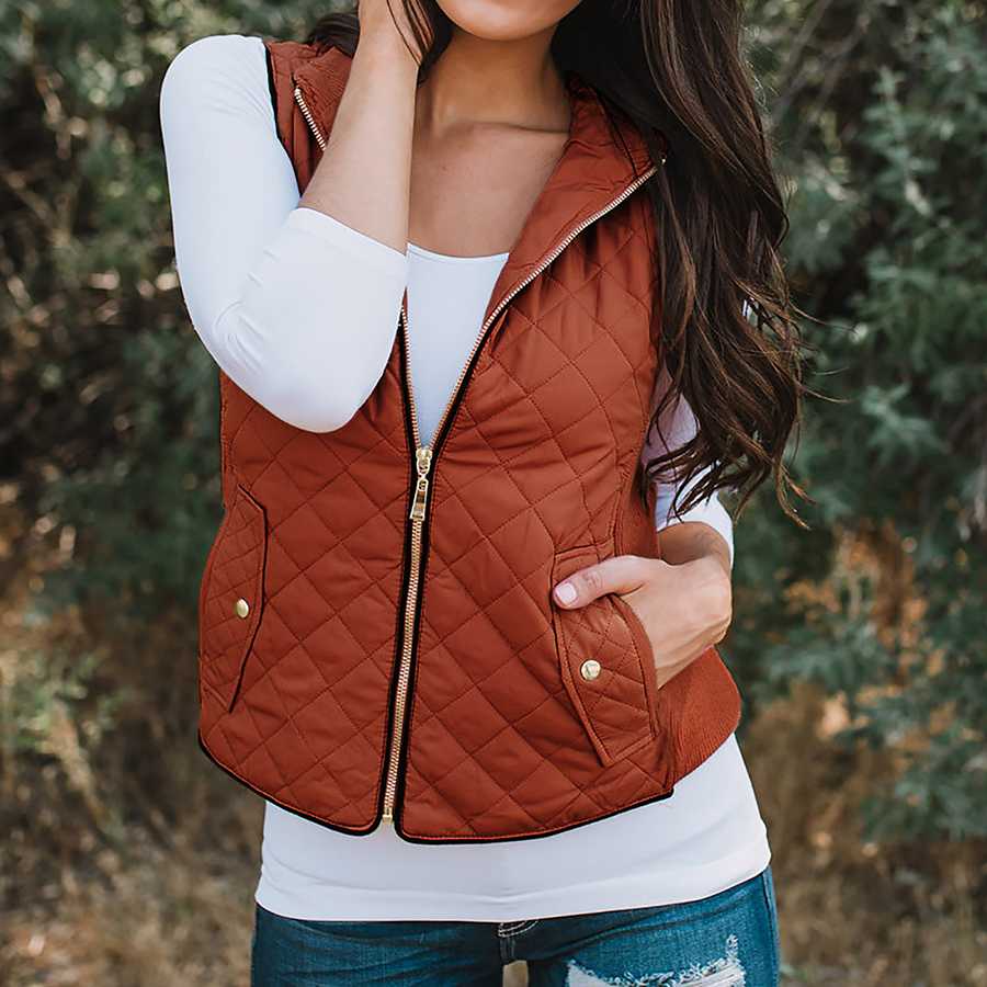 Quilted Cotton Zip Up Plaid Puffer Womens Vest on sale - SOUISEE