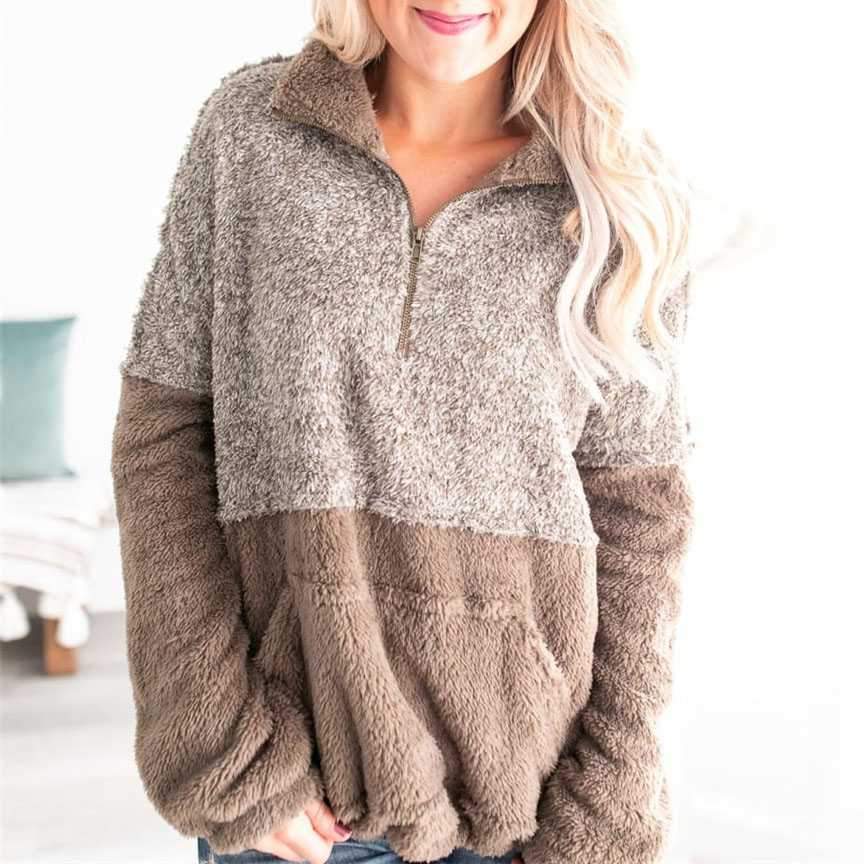 Two Toned Fuzzy Sherpa Fleece Pullover Jacket on sale - SOUISEE